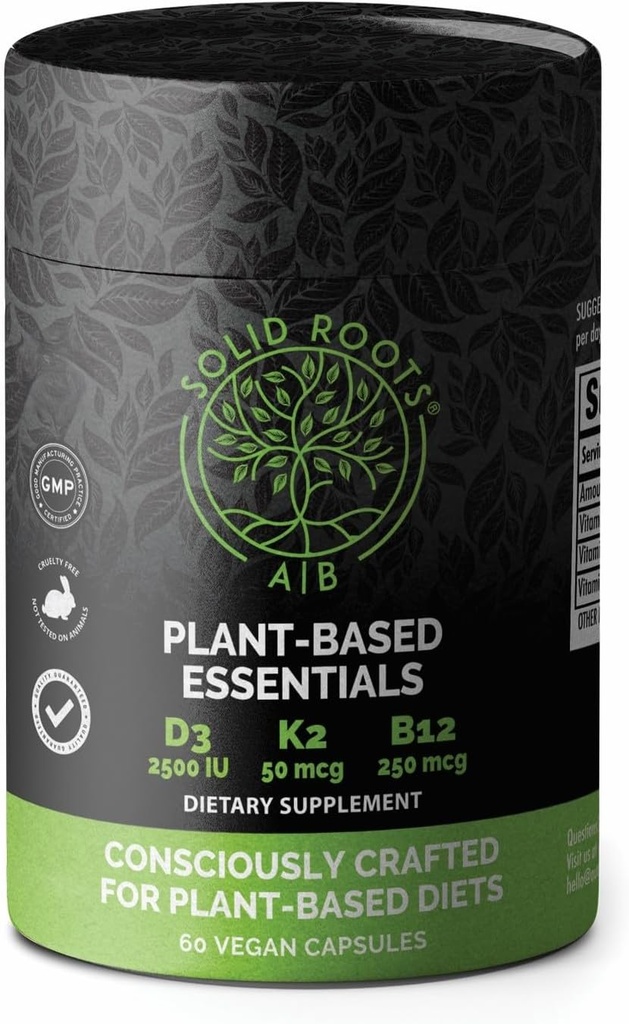 SOLID ROOTS Vegan Vitamin D3 + K2 + B12 pro kosti, srdce, kůže, zuby Plant- based Multivitamin Essentials