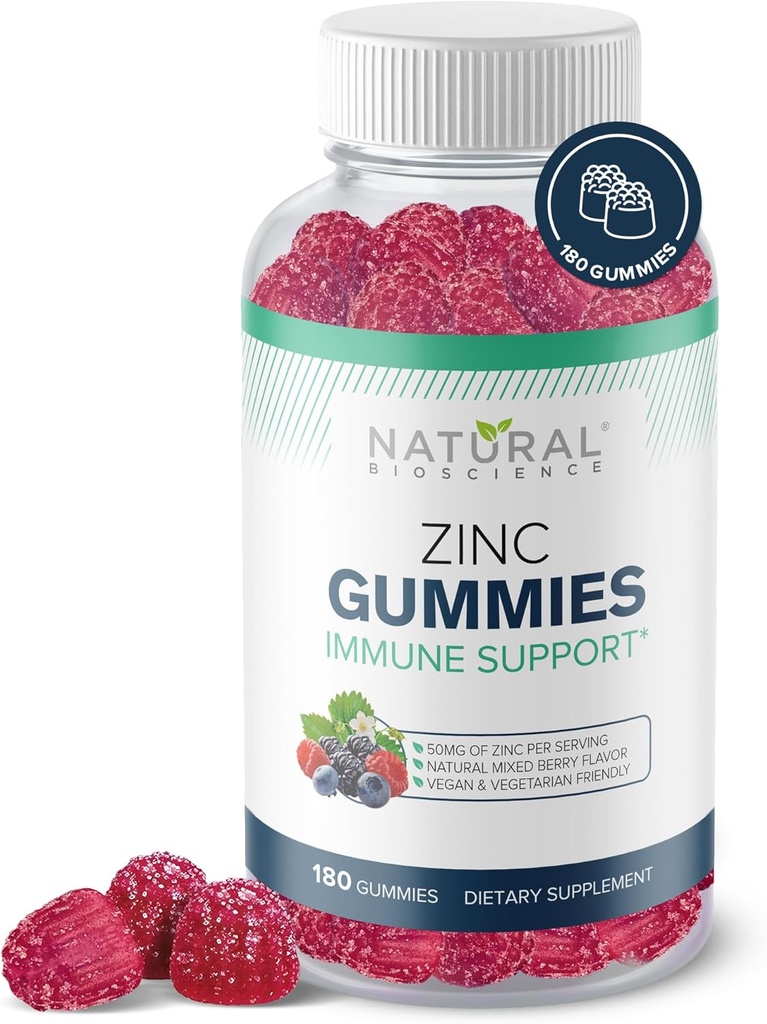 Zinek Gummies 50mg - Vysoká potence imunitní podpora, Kožní zdraví, Antioxidant, Denní Imunita dodatek pro dospělé, Vegan, Gluten- Free, Non- GMO, Žvýkací zinek Citrátové gumy, 180 Gumy