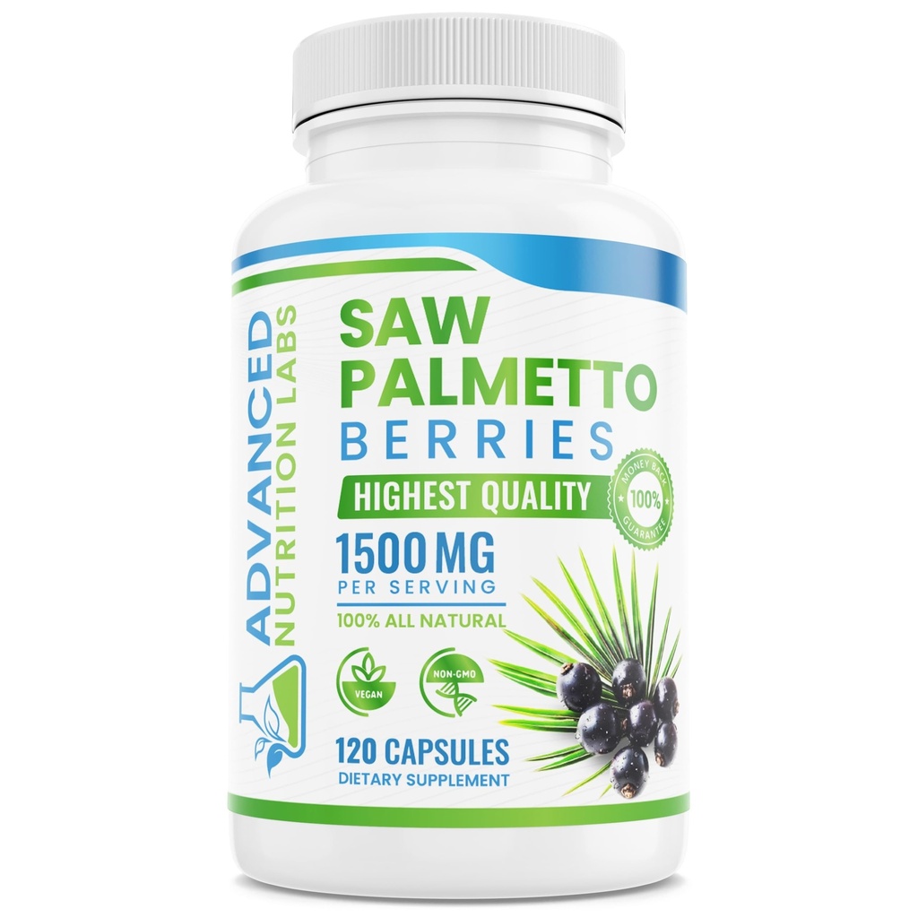Saw Palmetto Berries & Extract - 1500 mg Saw Palmetto Dodatek pro muže a ženy - DHT Block pro růst vlasů, Podpora prostaty a močové zdraví - 120 Veganské kapsle