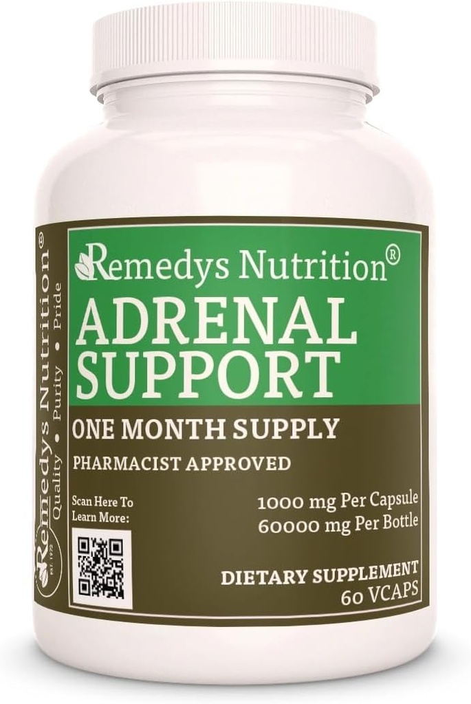 Remedy 's Nutrition Adrenal Support PHAR124; 1000 mg, 60 Vegan Kapsle Bylinný doplněk stravy PHAR124; Dva měsíce Dodávka