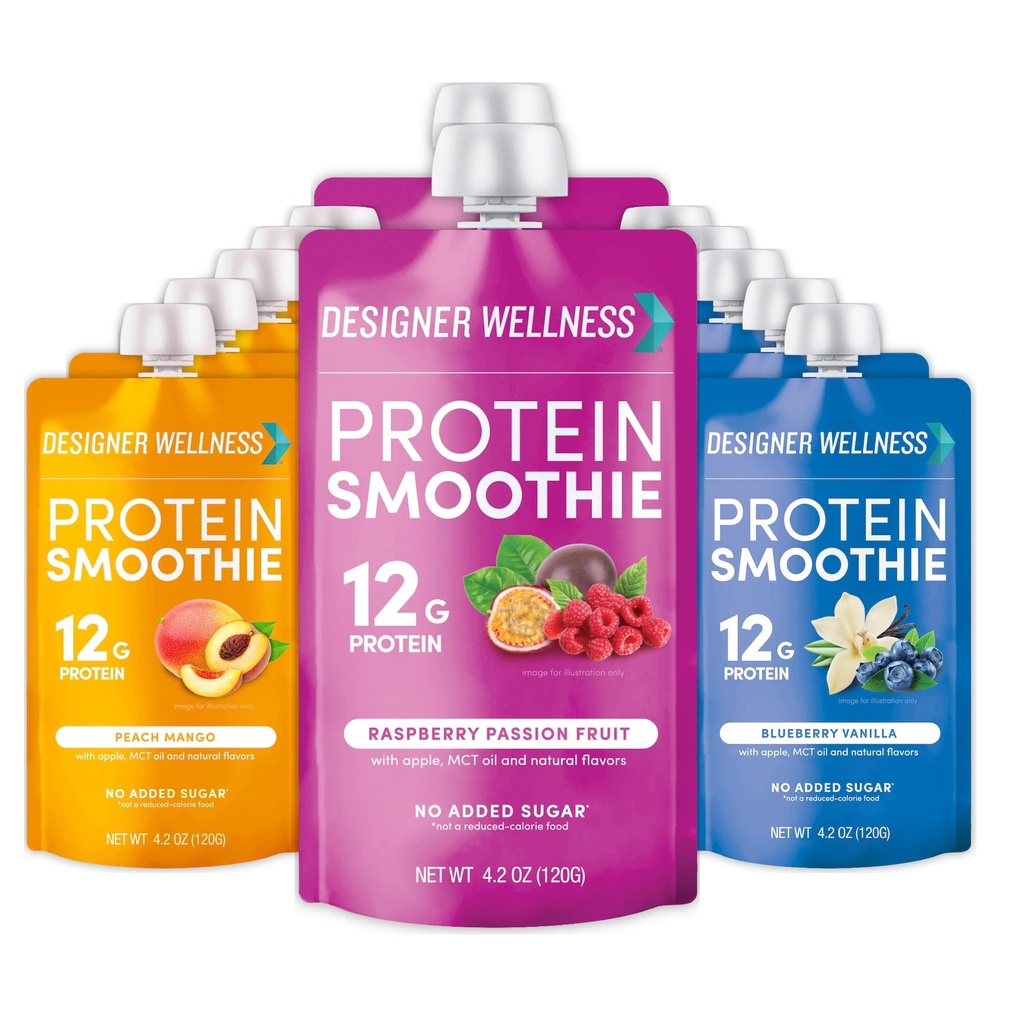 Designer Wellness Protein Smoothie, Real Fruit, 12g Protein, Low Carb, Zero Added Sugar, Gluten- Free, Non- GMO, No umělé barvy nebo aromata, Super ovoce Variety Pack, 12 Počet