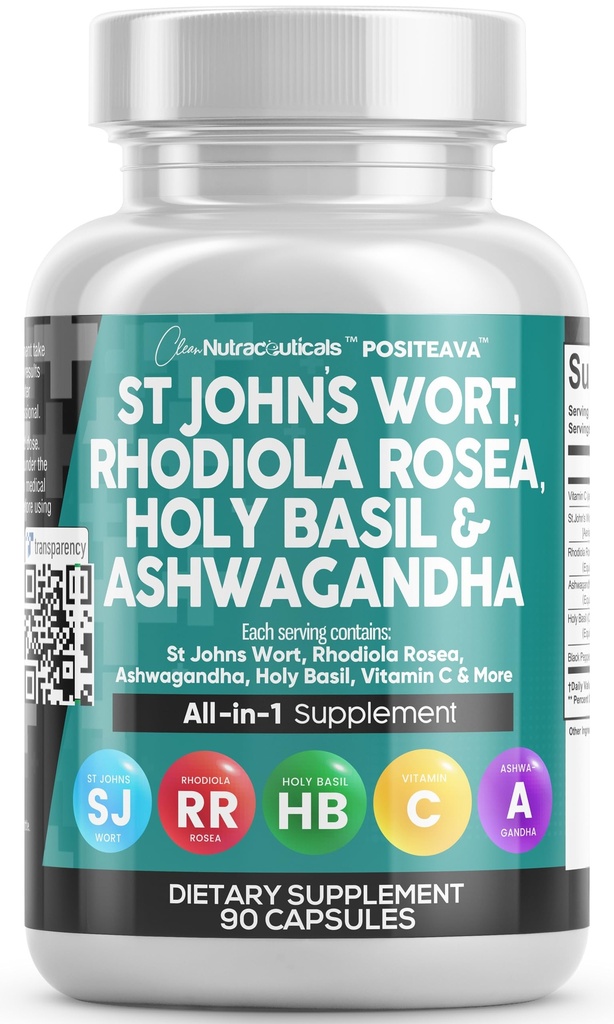 Čisté nutraccis St Johns Wort Rhoddiola Rosea Svatý Basil Ashwagandha - Podpora nálady pro ženy a muže s vitaminem C & Black Pepper Extract - 90 Caps