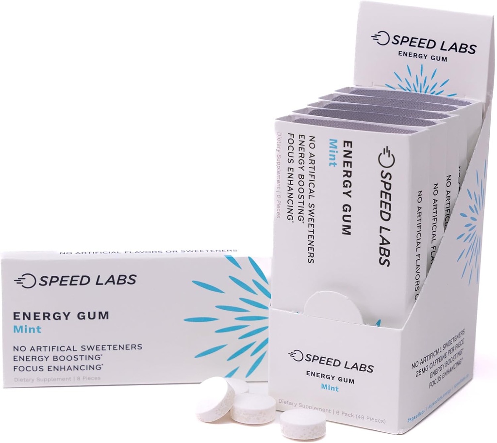Speed Labs Mint Natural Caffeine Energy Gum 25mg Caffeine, Taurin, B Vitamíny per bit, 48 Kusy (6 balení po 8) Cukr zdarma, Nulové kalorie, Přirozeně slazené, gluten zdarma