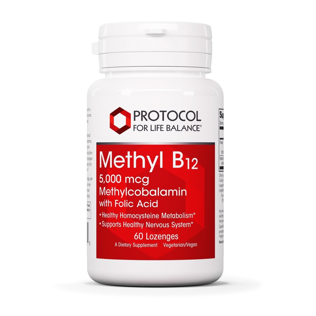 Protokol methyl B12 5,000mcg - Vitamin B12 pro metabolismus homocysteinu * - Podporuje zdraví mozku a zdravý nervový systém * - Kosher, Halal & Vegan - 60 Lozengů