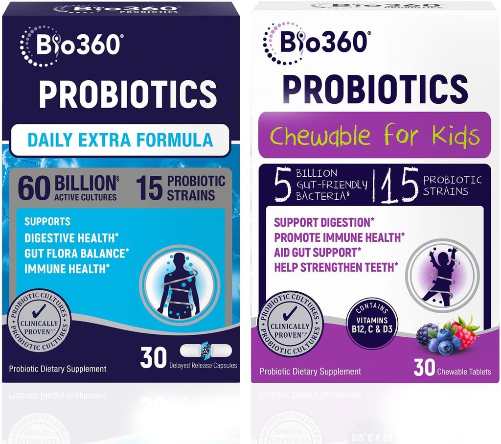 Probiotické pouzdro pro dospělé a děti - 60B CFU Extra Strength Kapsle + 5B CFU Žvýkací tablety - 15 Stravovací, imunitní, & Brain Health - Podporuje Gut, Zácpa, Nadýmání, & Relief plynu