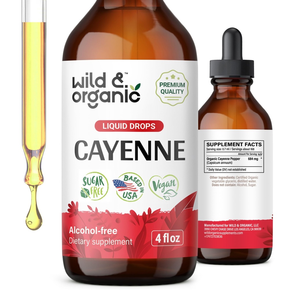 Wild & Organic Cayenne Pepper Tincture - Dědičná podpora s Capsaicin Extract - Cayenne Pepper Liquid Kapky pro celkové Well- Bytí - Vegan, Cukr & Alcohol- Free - 4 fl oz