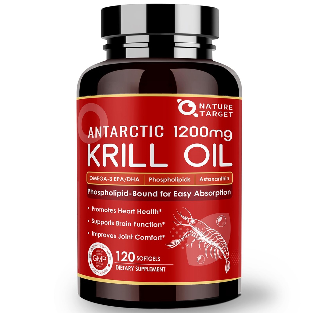 NATURE TARGET Krill Oil 1200mg s Omega33 EPA & DHA s Astaxanthin, Fosfolipidy & Choline - Podporuje srdce, mozek, Spojit zdraví, Non- GMO, Gluten Free, 120 Softgels (60 Služeb)
