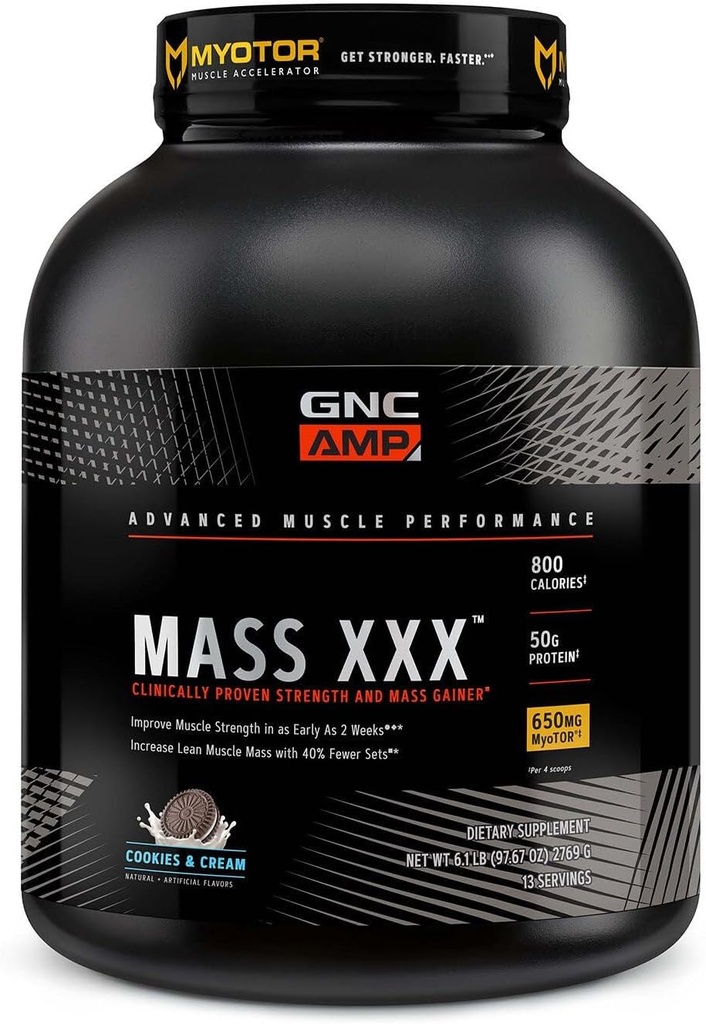 GNC AMP hmotnost XXX, Klinicky osvědčený hmotnost Gainer Protein prášek, zlepšuje sílu, velikost, 780 kalorií, 50g protein, Mikronizované aminokyseliny, Creatin, Betaine, Cookies & Cream, 13 Servings, 6 SVG