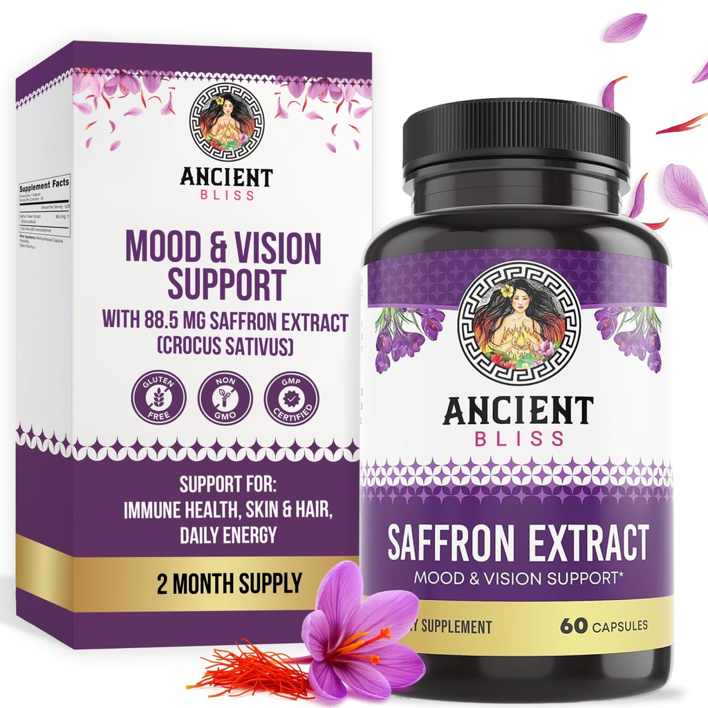 Starověké Bliss Saffron Extract Kapsle Mood & Eye Support Supplement, Saffron Extract Appetite Conpressant Weight Management pro ženy a muže (60 Kapsle)