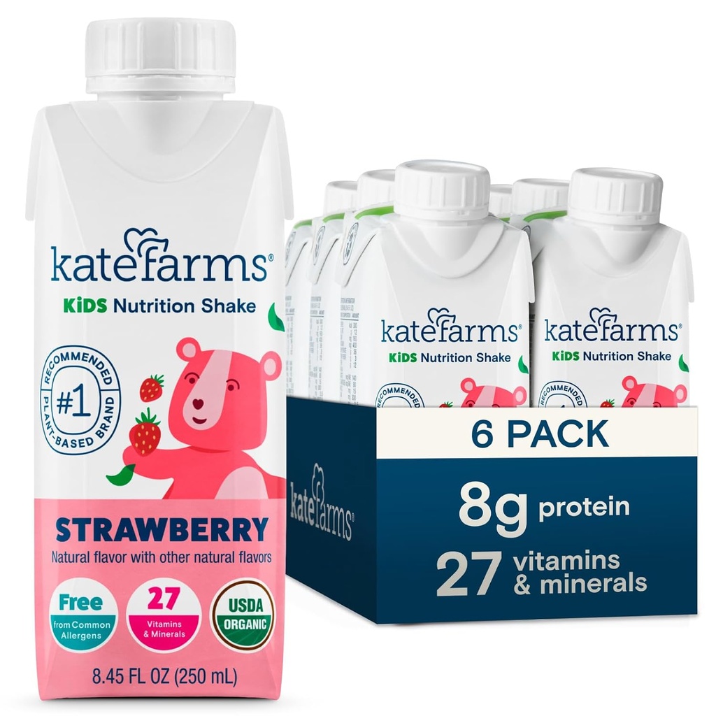 KATE FARMS Organic Kids Nutrition Shake, Strawberry, 8g protein, 27 Vitamíny a minerály, náhrada jídla, protein Shake, Non- GMO, 8.45 oz (6 Pack)