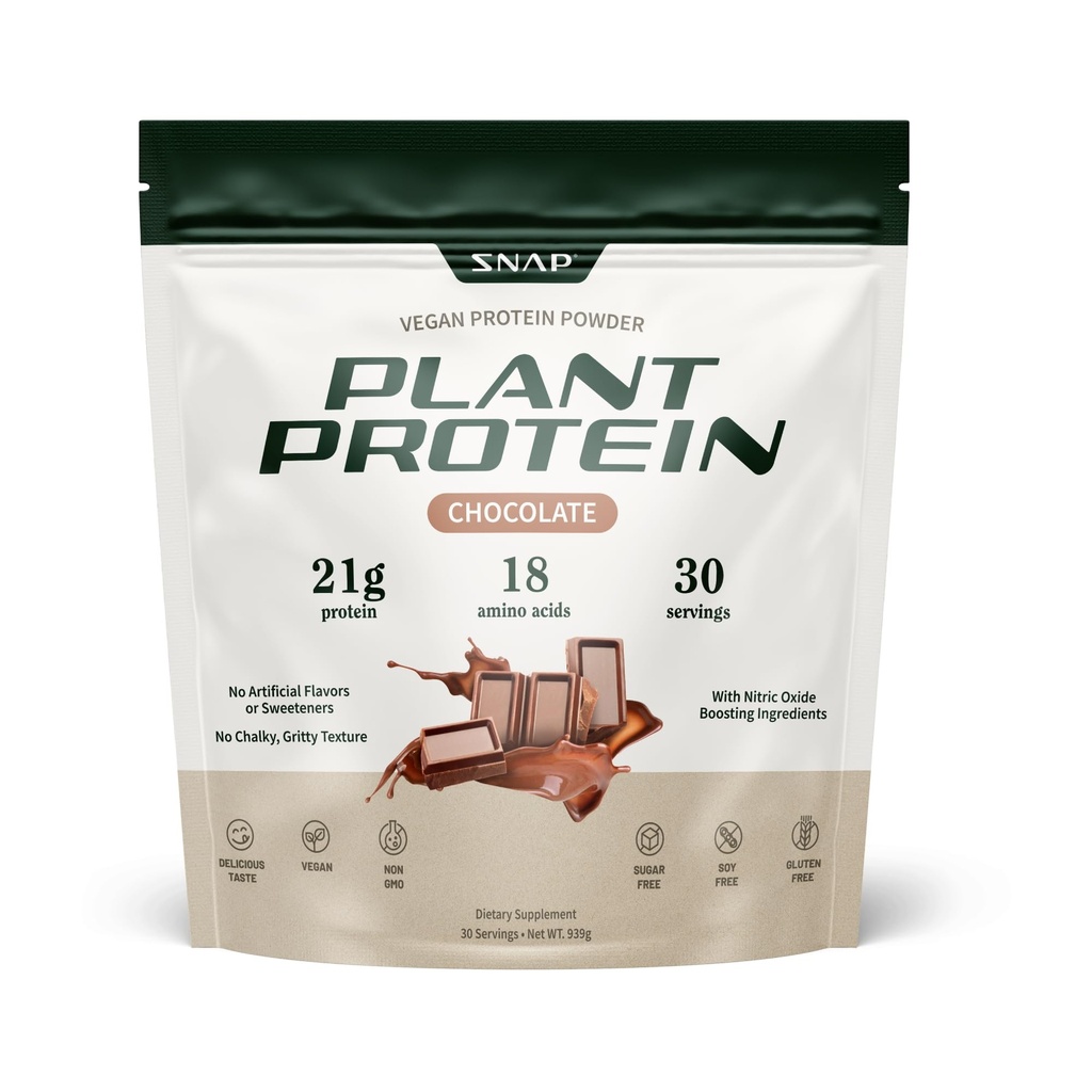 Snap doplňky Organic Plant Based Vegan Protein Powder Nitric Oxide Boosting Protein Powder, BCAA Amino Acid for Muscle Growth, Performance & Recovery - 30 Servings (Chocolate)