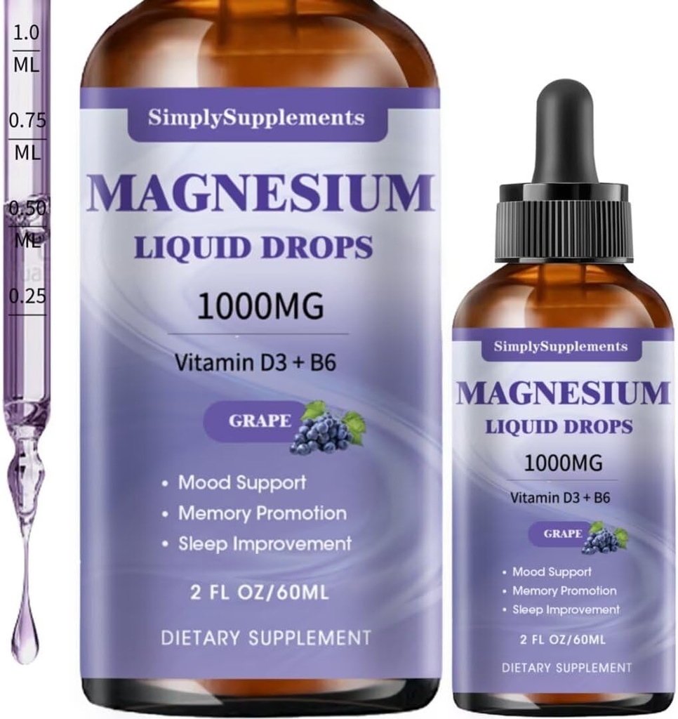Triple Magnesium Complex Liquid Drops, 1000mg Magnesium Glycinát Drops, Taurát & Citrát s L- theanin, Vitamin D3 & B6 pro podporu spánku a svalů, klid Magnesium, Grape Flavor, 2 Fl OZ