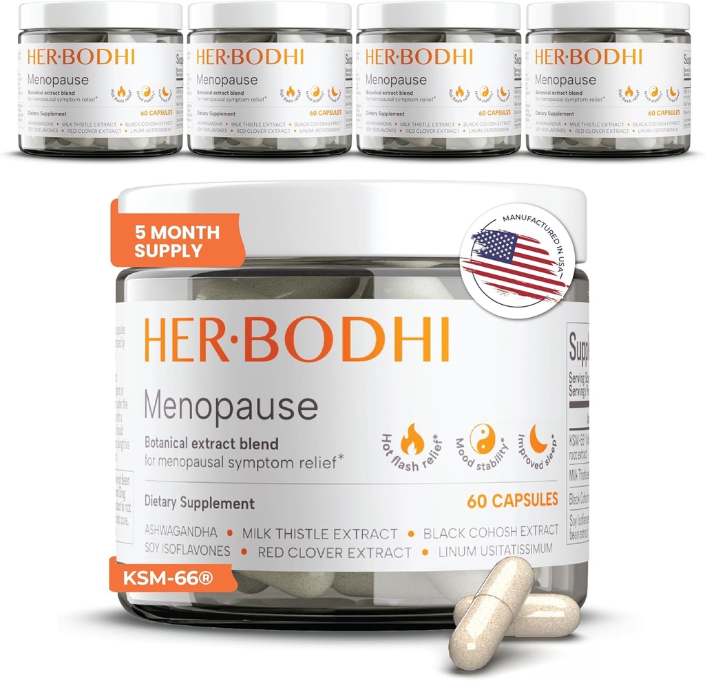 Meno- Menopauza Hormonální Balance pro ženy, Estrogen Soy Isoflavones Menopauza Dodatek pro ženy, Ashwagandha, Black Cohosh Hot Flashes Menopauza Relief, Night Sweats Relief 300Caps