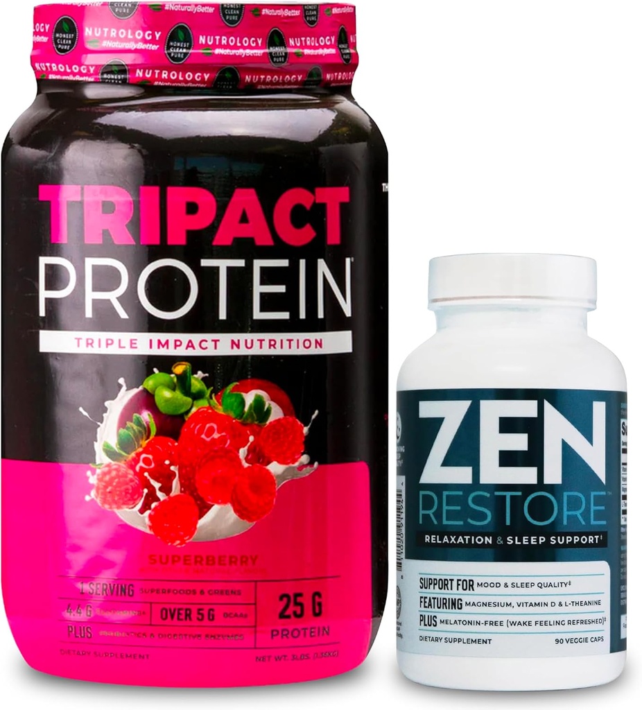 Nutrology TRIPACT Protein Powder, 7- in-1 Strava Náhradní Shake, Superberry (40 Služeb) Zen přírodní hořčík dodatek (30 Služeb)