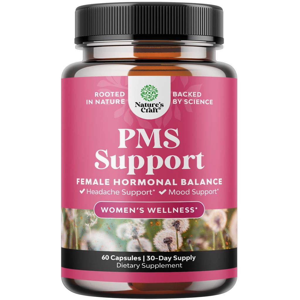PMS Support Supplement pro ženy - Hormonální rovnováha pro ženy a menstruační diskomfort s DIM, Chasteberry, Black Cohosh & Ashwagandha - pro období křeče Ease, Menopauza Bloating, Mood Swing - 60 Ct