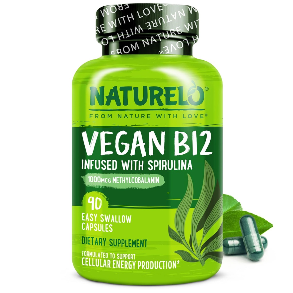 NATURELO Vegan B12 - Methyl B12 s organickou spirulinou - High potency Vitamin B12 1000 mcg Methylkobalamin - Podporuje zdravý nádech, energii, srdce a oční zdraví - 90 Kapsle