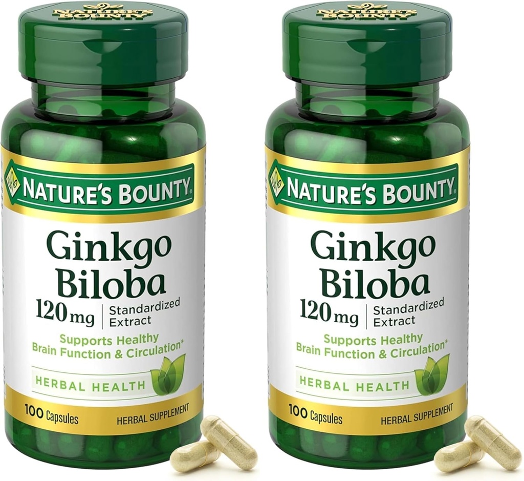 Nature 's Bounty Ginkgo Biloba Standardizovaný extrakt 120 mg, Bylinné láhve, Kapsle, 100 Počet, Balení po 2