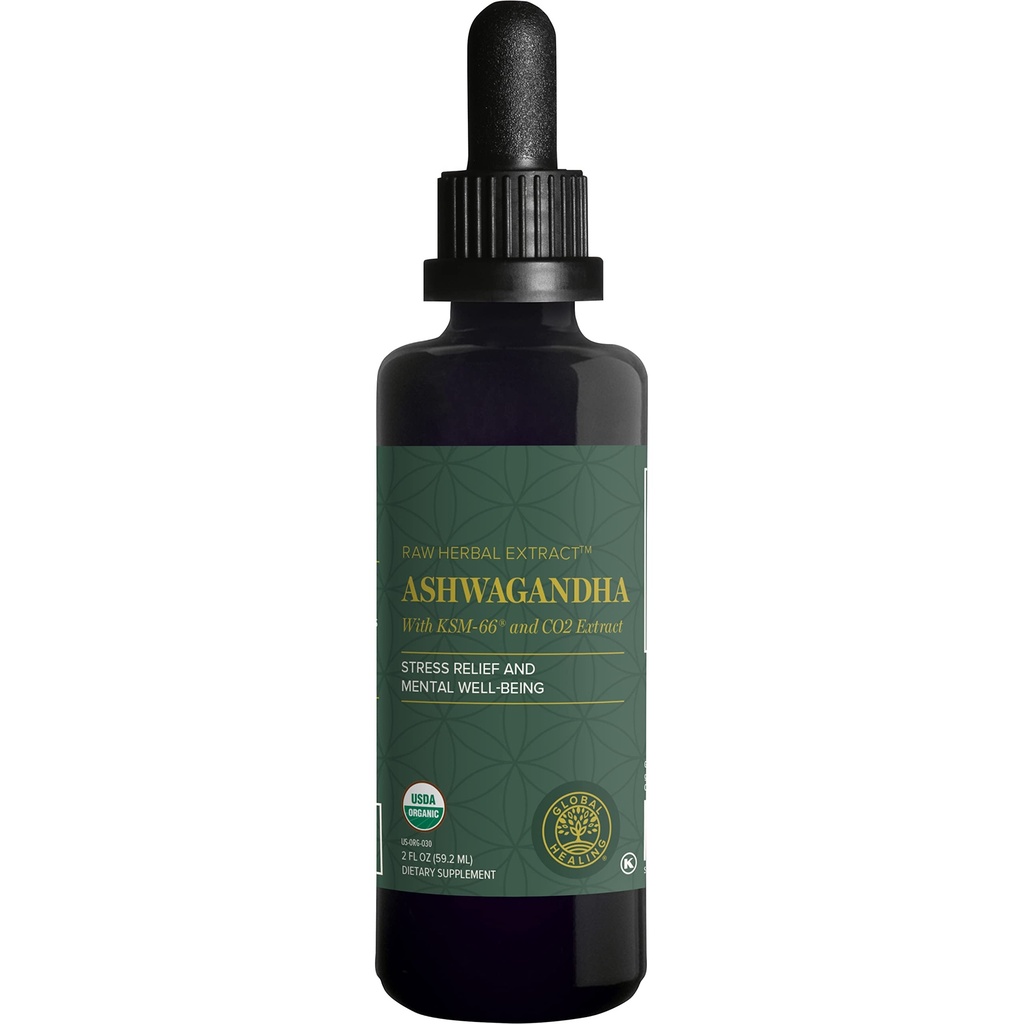 Globální léčebné centrum - Organic Ashwagandha doplňky Kapky - KSM- 66 Ashwagandha Extra síla pro muže a ženy, pomáhá podporovat pomoc od stresu, Mood Podpora, Organic (2 Fl Oz)