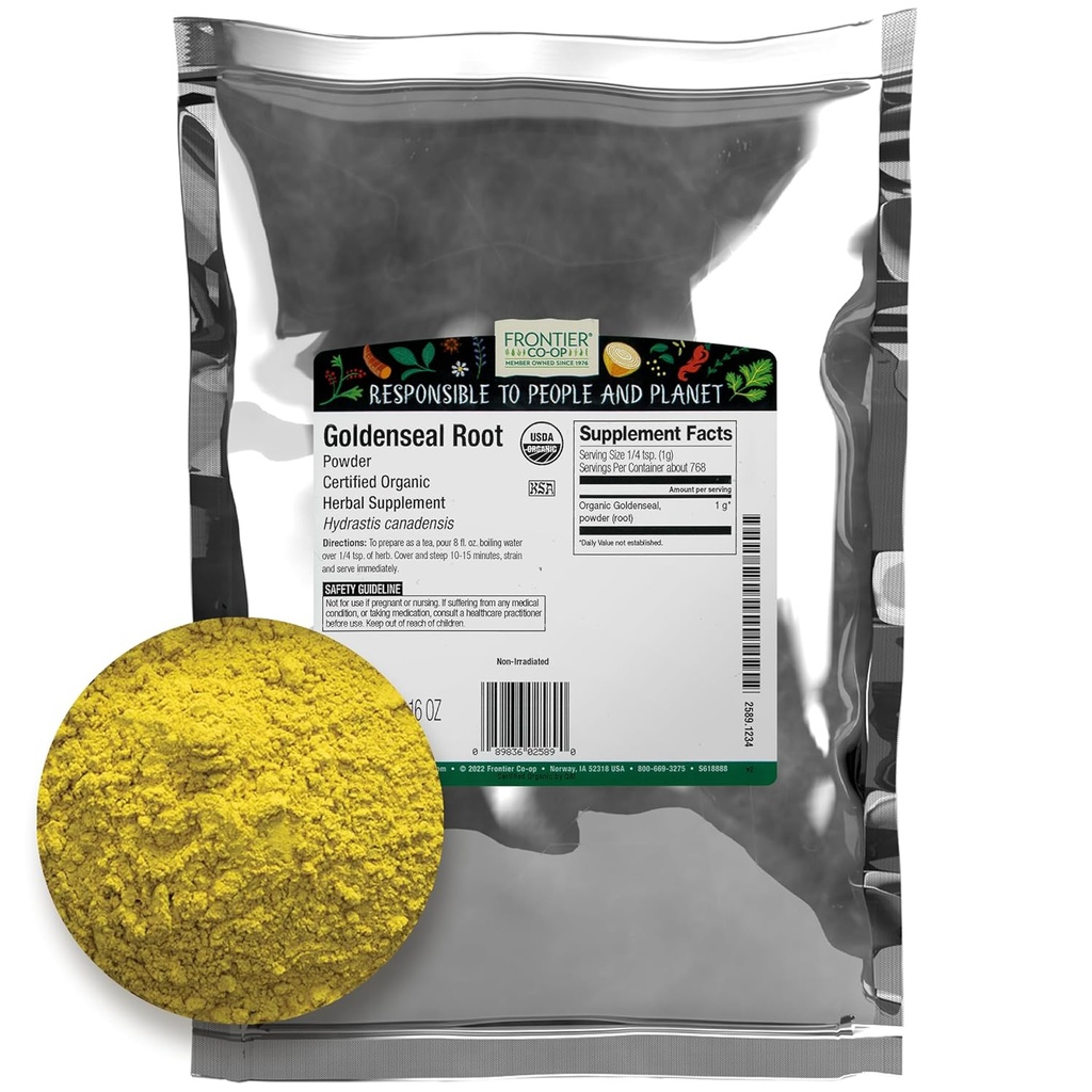 Frontier Co- op Organic Goldenseal Root Powder, 1 / 4 LB - Earthy, hořký bylinný kořen s jasně žlutou barvou pro čaj a tinktury recepty - 4 oz
