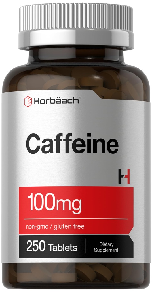 Horbäach Caffeine pilulky 100mg coffein 124; 250 Tablety coffein 124; Vegetarian Formule coffein 124; Non- GMO, gluten zdarma dodatek