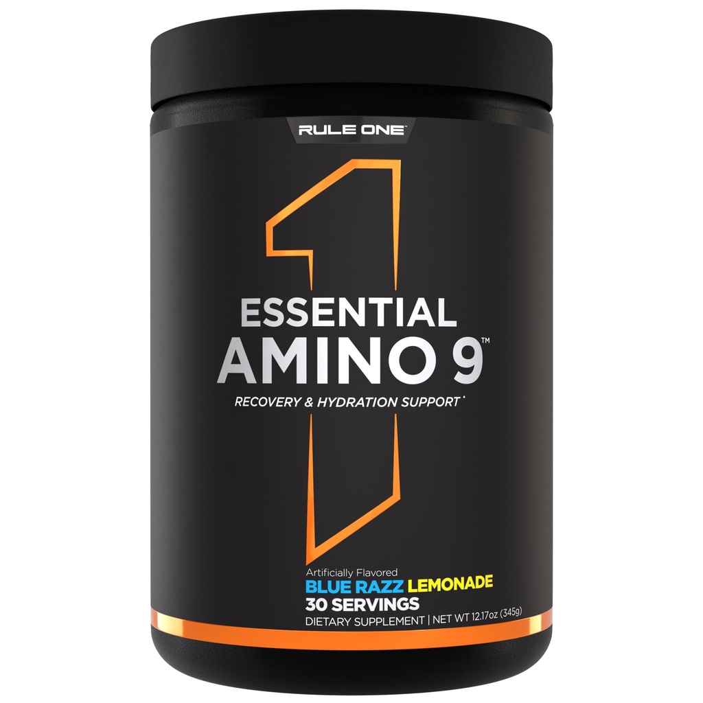 Pravidlo 1 Základní Amino 9 - Recovery a Hydratační podpora s 7.5g esenciálních aminokyselin + elektrolyty (30 Služeb, modrá Razz Lemonade)