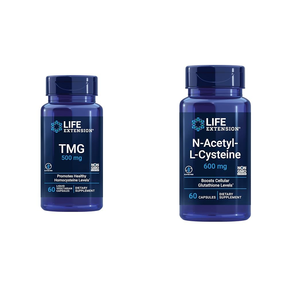 Life Extension TMG 500 mg - Trimethylglycin dodatek - Podporuje zdravé hladiny homocysteinu a N- acetyl- L- cystein (NAC), imunitní, respirační, jaterní zdraví, NAC 600 mg