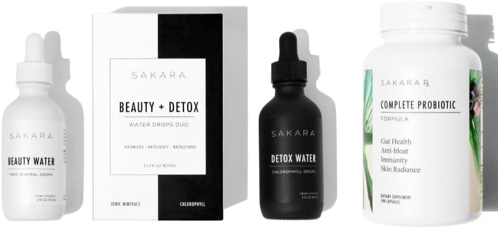 Sakara Beauty Water + Detox Water Drops & Complete Probiotics - Stopy Minerální Drops & Chlorofyl Tekuté Drops, Probiotika pro ženy Digestivní zdraví