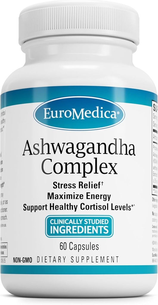 EuroMedica Ashwagandha Complex - Dodatek k podpoře zdraví nadledvin - Ashwagandha Dodatek s Rhodiola Rosea Extract - Bylinný dodatek k podpoře energie a koncentrace - 60 Kapsle