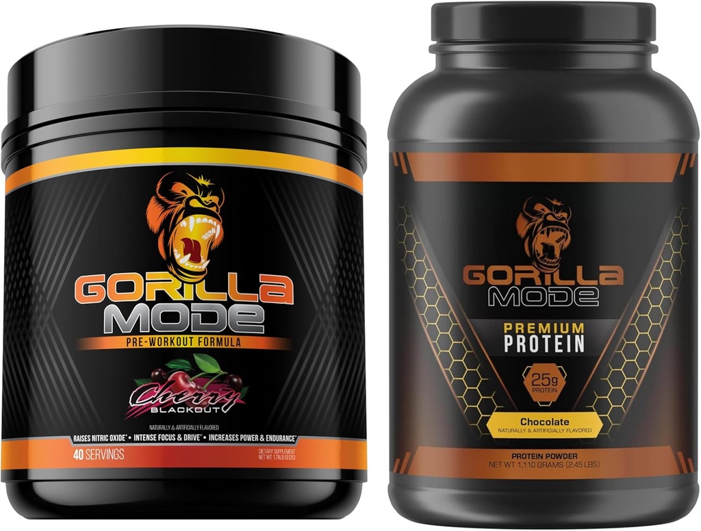 Gorila Mind Pre Workout (Cherry) + Premium syrovátkový protein (Chocolate) - Komplexní zásobník pro Fueling Maximální výsledky cvičení