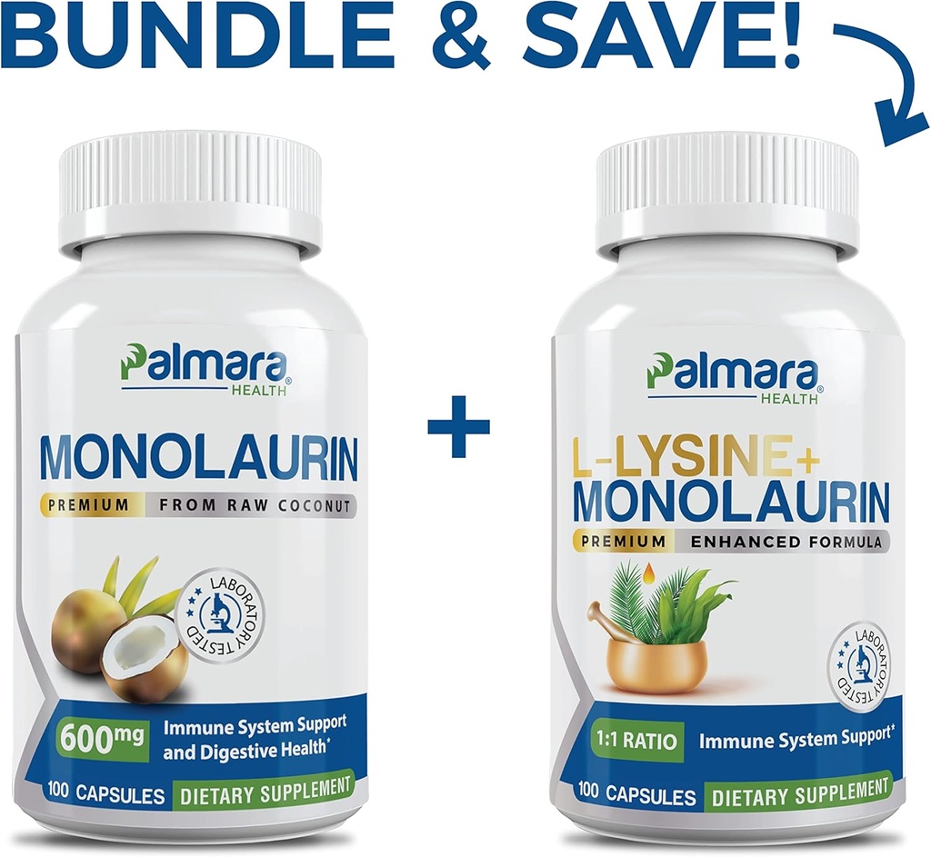 Palmara Health Premium Monolaurin 600mg + L- Lysin + Monolaurin Combo