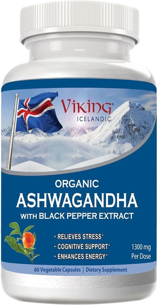 Viking Organic Ashwagandha s Black Pepper Extract Islandsky. 60 Vegan Kapsle - Maximální absorpce pro stres, Mood & Energy Support