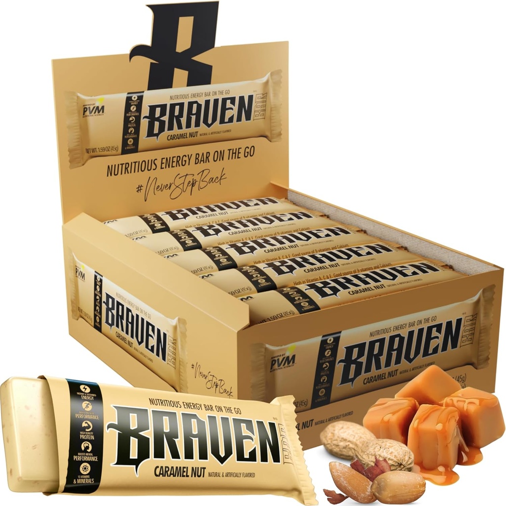 Braven Bar Karamel Nut Energy Bary (1.59 oz, Pack of 20) - Energy Chews with 5g Protein - On- the- Beat Energy Snacks for running, Hiking, and Sports - Gluten zdarma Snacks for Setrvalá energie Boost