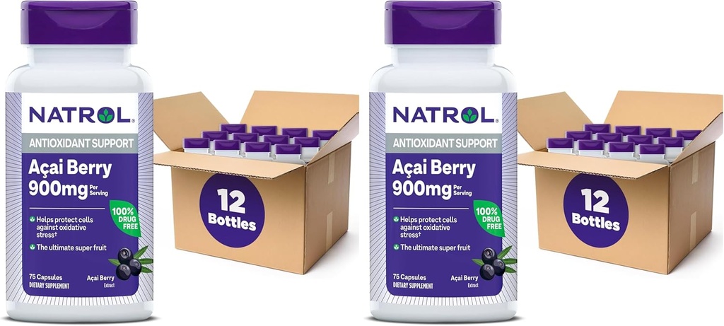 Natrol Acai Berry, dodatek stravy, Antioxidant Protection & Defense, The Ultimate Super Fruit, 1000 mg Veggie Kapsle, 75 Počet (balení 24)