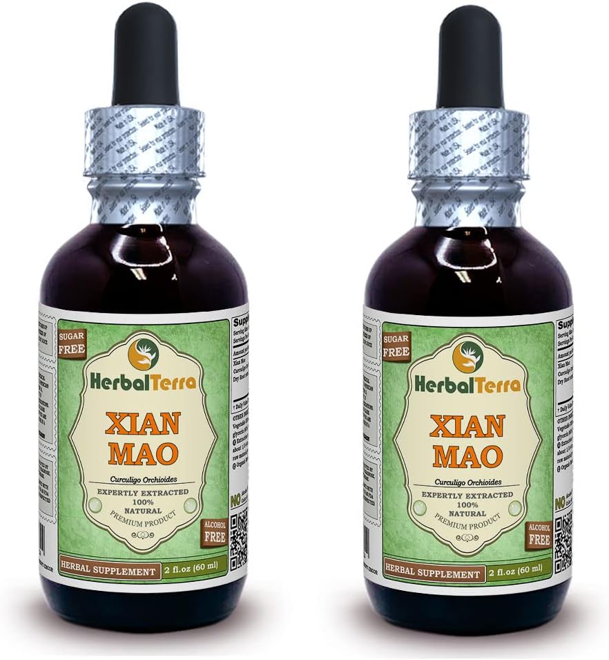 Xian Mao, Curculigo (Curculigo Orchioides) Glycerite, Organic Sured Root Powder Alcohol- Free Liquid Extract (Značka: HerbalTerra, Prooudly Made in USA) 2x2 fl.oz (2x60 ml)