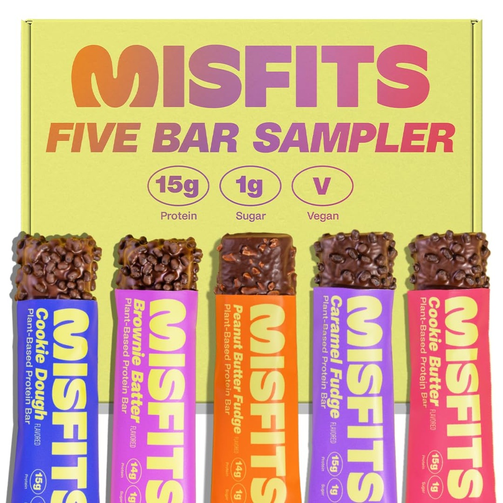 Misfies Vegan Protein Bars - Aktualizovaný recept 124; Plant based, Nízký cukr & karb, High Fiber Snacks 124; Variety Vzorek Pack to Trial Flavors I124; Balení 5 (1 z každého Flavor)