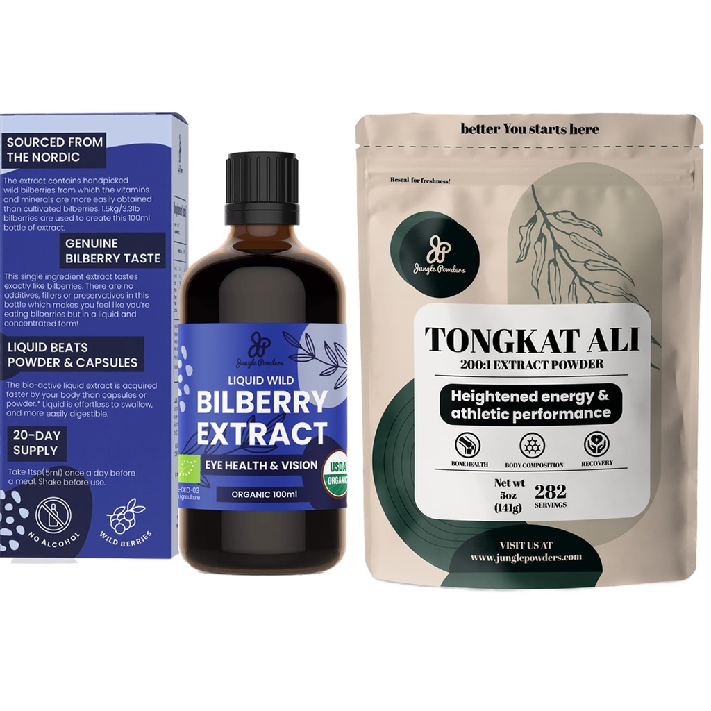 Jungle Powders Tongkat Ali pro muže Powders 200: 1 Extract 5 Ounce Bag, Wild Bilberry Extract for Eyes Organic 3.4oz Lahvička Bilberry dodatek pro oči
