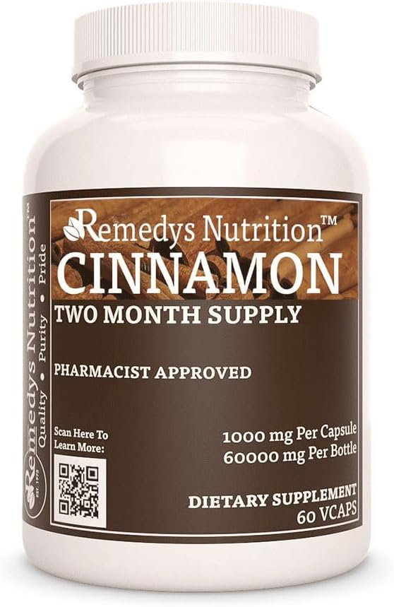 Remedy je výživa Skořice Bark Ceylon 124; 1000 mg, 60 Vegan Kapsle Bylinné dietní dodatek 124; Dva měsíce dodávky