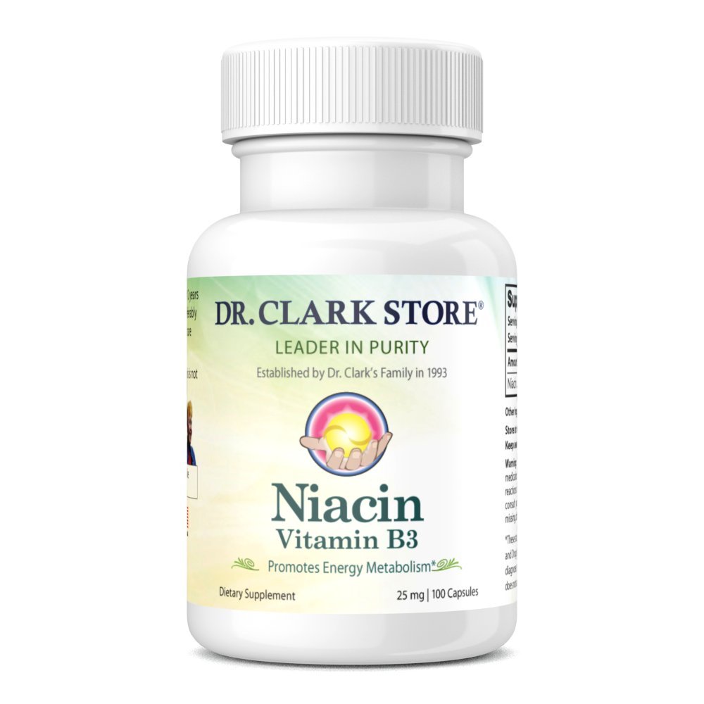 Doplněk k přípravku Dr. Clark Niacin (vitamin B3) - 25 mg, 100 želatinových tobolek, podporuje cirkulaci a zdravou hladinu cholesterolu