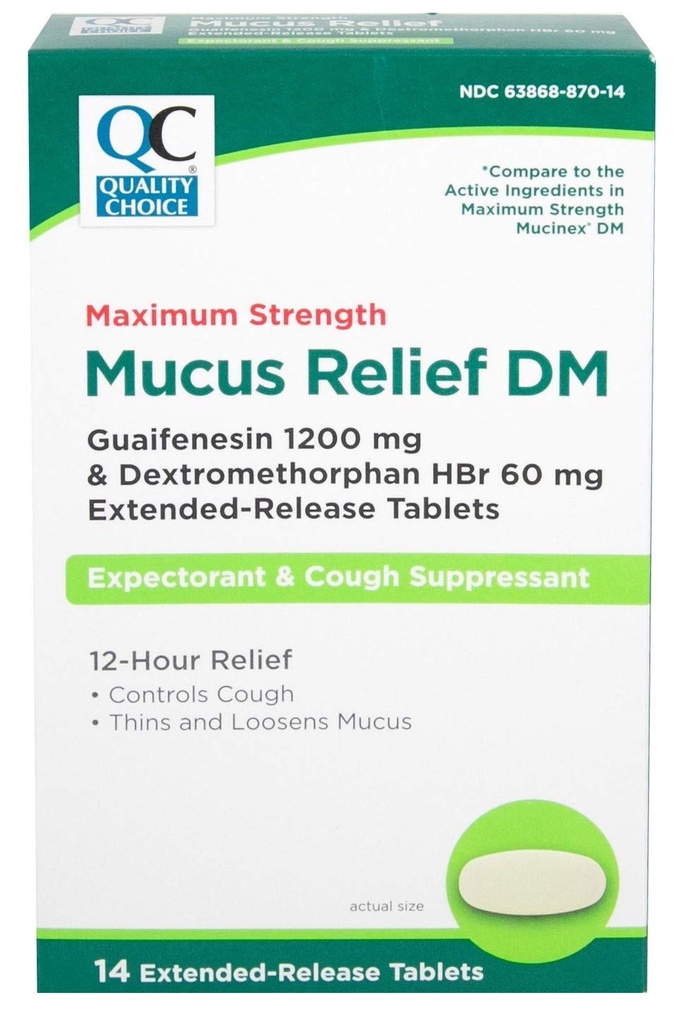 Quality Choice Maximum Strength Mucus Relief DM, Cough Conpressant and Expectorant, 12 Hour Relief, Guaifenesin 1200 mg a Dextromethorphan HBr 60 mg Extended Release Tablety, 14 Počet