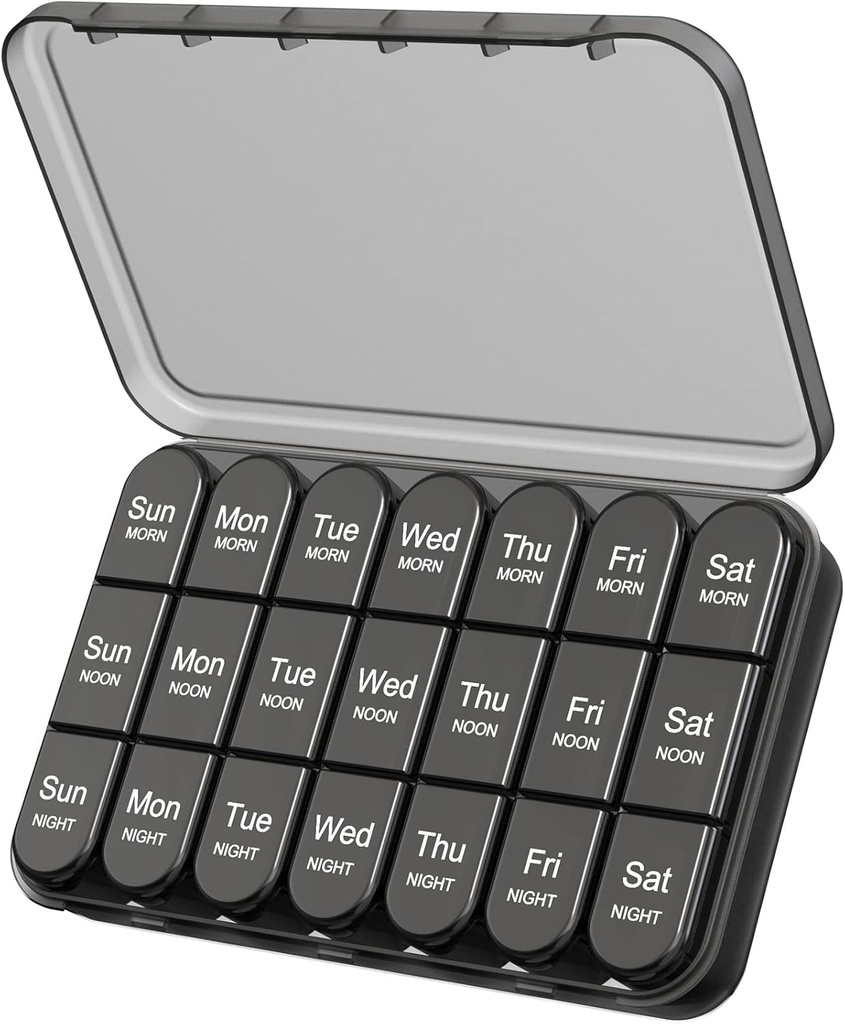 Daviky Pill Organizátor 3X denně, Týdenní Pill Box 7 Day, Cestovní Pill Pouzdro s velkými kontejnery, Light- Proof Pill Pouzdro pro vitamíny, léky, doplňky a rybí oleje (Black)