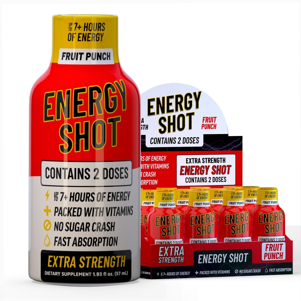 Ovocný punč Extra Energy Shot 12 pk - 260mg přírodní kofein B12 B6 - Energy & Focus Support - 2 Servings Sugar Free Zero Calorie Green Tea B-Vitamins Electrolytes Vegan - 1.93 fl oz