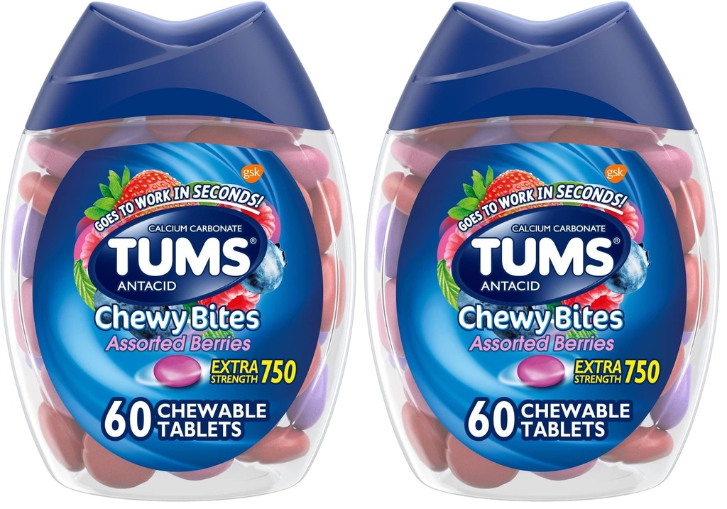 TuMS Chewy Bites Antacid Tablety pro Chewable Heartburn Relief and Acid Indigestion Relief, Asdied Berries - 60 Počet (balení po 2)