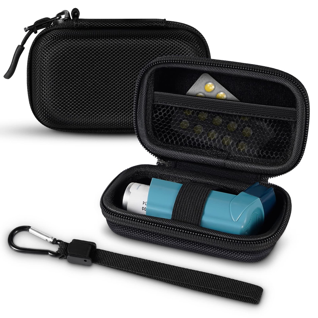 Inhaler pouzdro, Hard Shell Protective Travel Carriing Case, Sedí standardní záchranný & Nový Albuterol Inhaler zařízení až 4 inches, Zařízení není součástí, černé