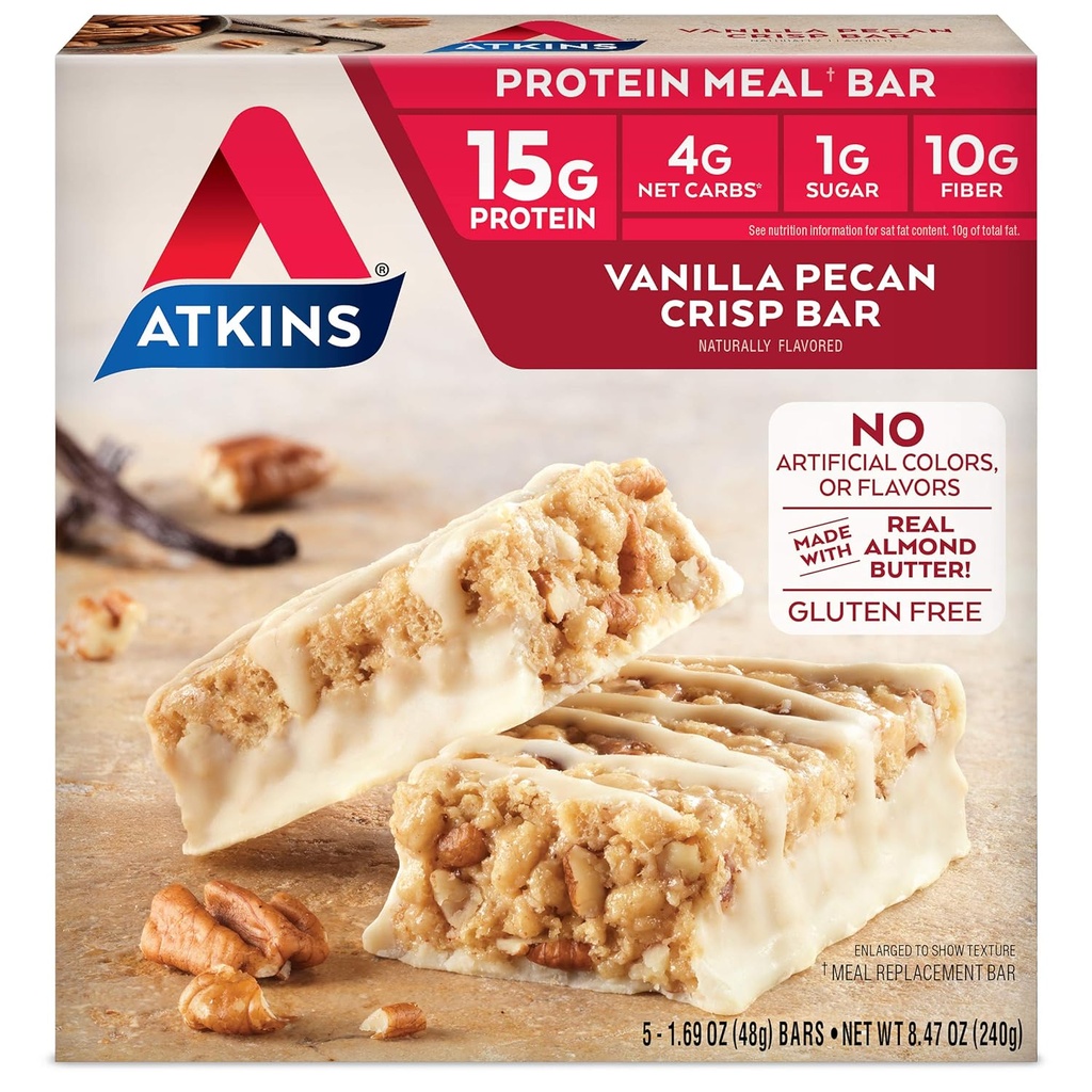 Atkins Vanilla Pecan Crisp Protein Meal Bar, High Fiber, 1g Sugar, 4g Net Carb Meal Replacement, Keto Friendly, 5 Počet