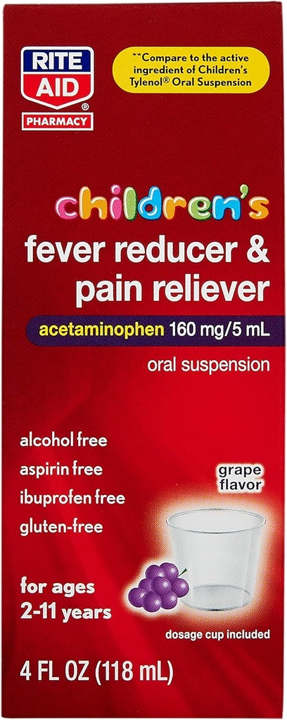 Rite Aid Children 's Acetaminophen, Grape Flavor, 160 mg - 4 fl oz cr124; Pain Reliever and Fever Reducer Cr124; Kids Cold Medicine Cr124; for ages 2-11 Years Old Cr124; Children Fever Reducer Cr124; Kids Pain Reliever