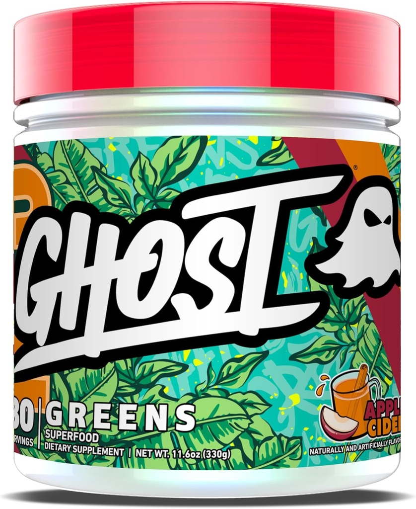 GHOST Greens Powder, Apple Cider - 30 Servings - 19 Superfood Green & Red Powder, Ovoce, Zelenina, Spirulina, & Chlorella, Prebiotika, 10 miliard CFU Probiotic & Digestive Enzymes - Gluten- bez