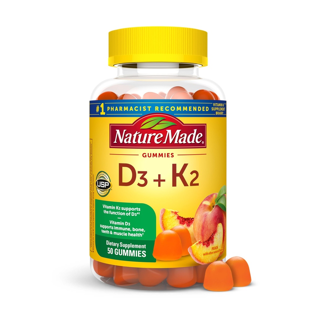 Nature Made Vitamin D3 K2 Gummies, Vitamin D 5000 IU per Serving for Bone, Zuby, Svalová a imunitní podpora, 50 Gummy Vitamíny, 25 Day Supply