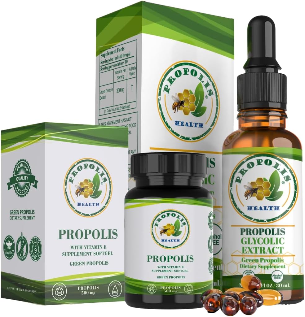 Propolis Health Premium Brazilská zelená Propolis Bundle: 1000mg Kapsle s vitaminem E & Green Propolis Extract Liquid - 50 dní Kapsle & 30 dní Liquid Supply pro imunitní podporu