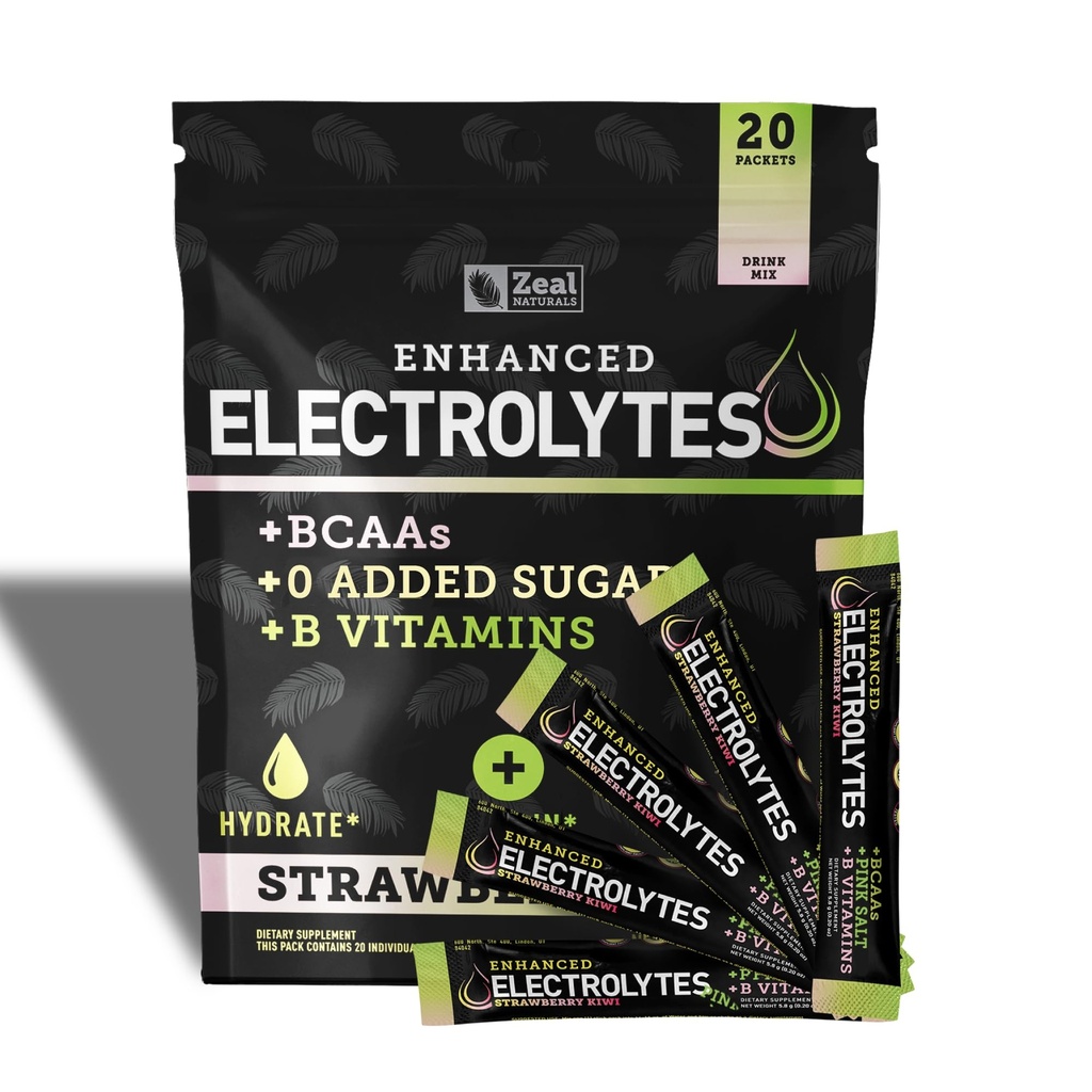 Vylepšené Electrolyte Powder Stick Packs (Strawberry Kiwi 124; 20 Packets) w / 0 Cukr + BCAA + B-Vitamíny Electrolyte Supplement w Draslík Zinek & Magnesium pro hydrataci - Keto Electrolytes