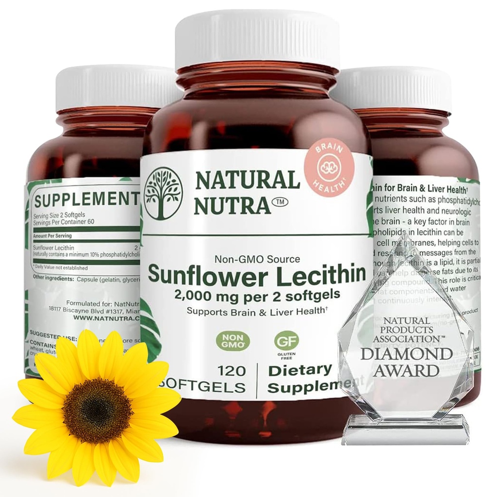 Natural Nutra Sunflower Lecithin 2000 mg dodatek, podporuje Kojení Moms s plugged Milk Duct Relief, Játra & Brain Health Booster, Soy Free, Non- GMO, gluten- Free, 120 Softgels (2 balení)